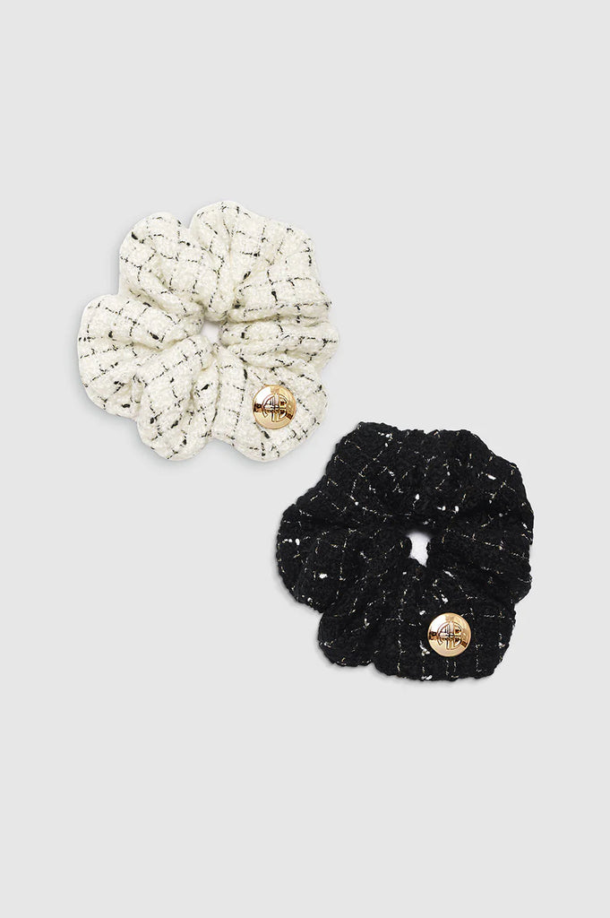 Camellia Scrunchie 2 Pack in Cream and Black Tweed