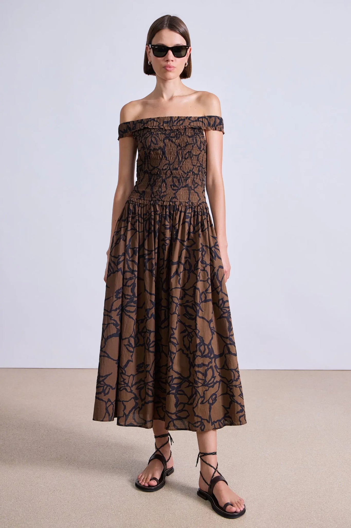 Britt Off-Shoulder Maxi Dress in Large Lace Floral Chocolate