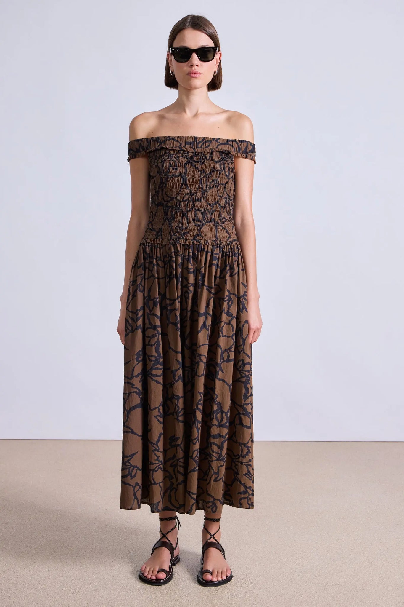 Britt Off-Shoulder Maxi Dress in Large Lace Floral Chocolate