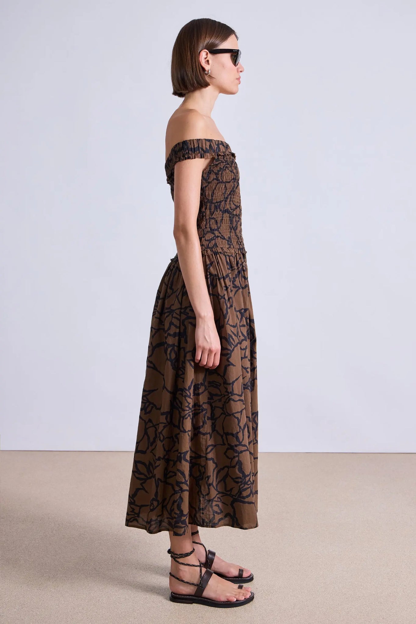 Britt Off-Shoulder Maxi Dress in Large Lace Floral Chocolate