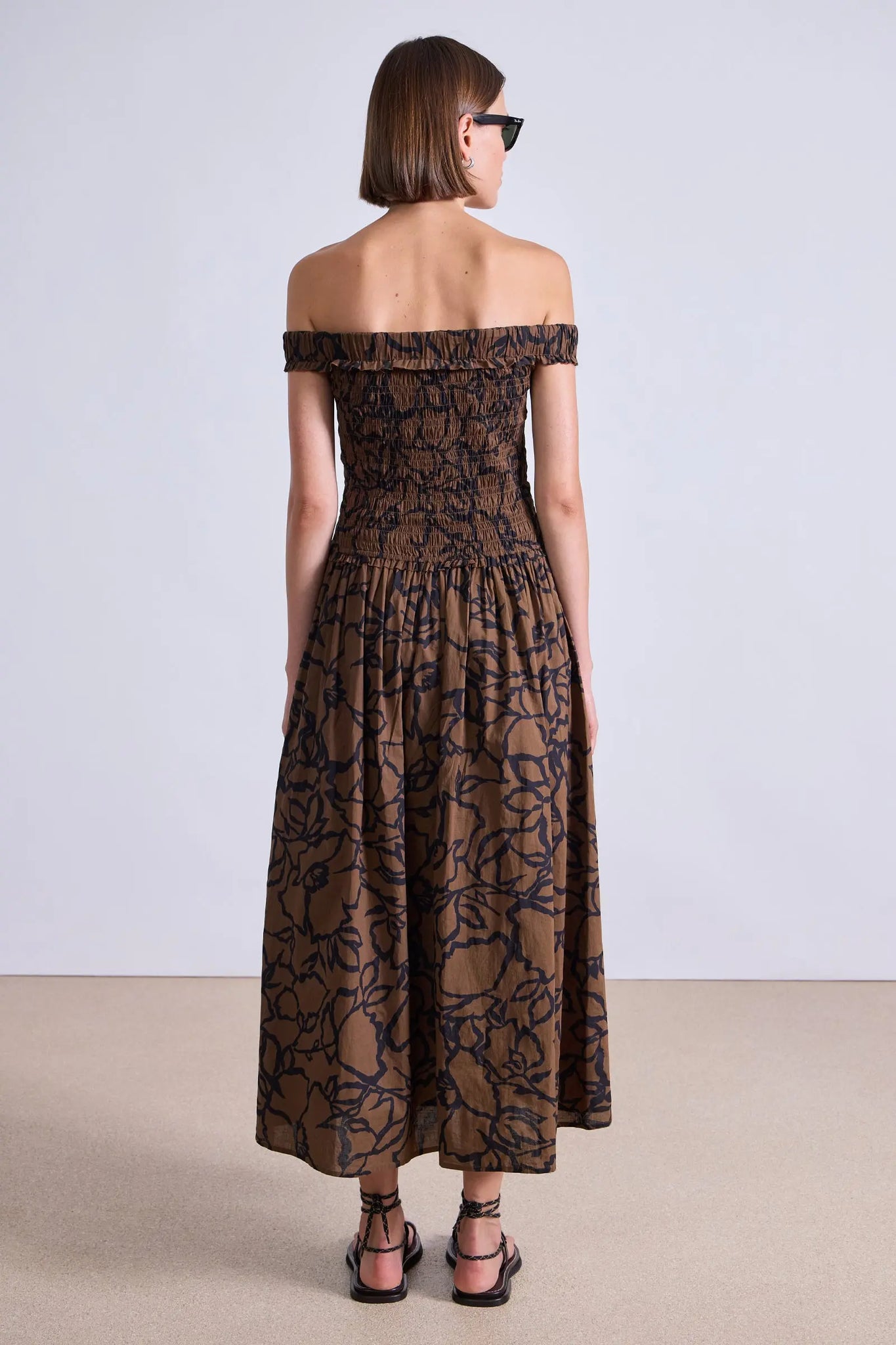 Britt Off-Shoulder Maxi Dress in Large Lace Floral Chocolate