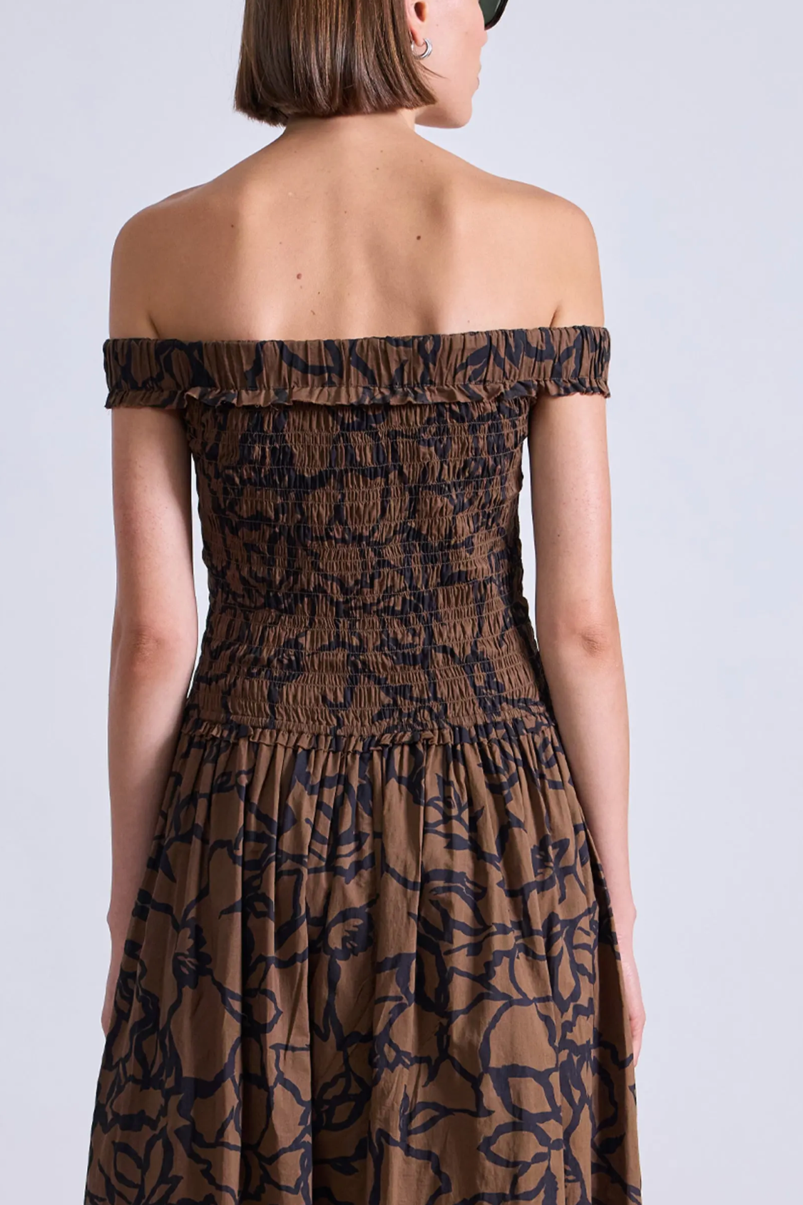 Britt Off-Shoulder Maxi Dress in Large Lace Floral Chocolate