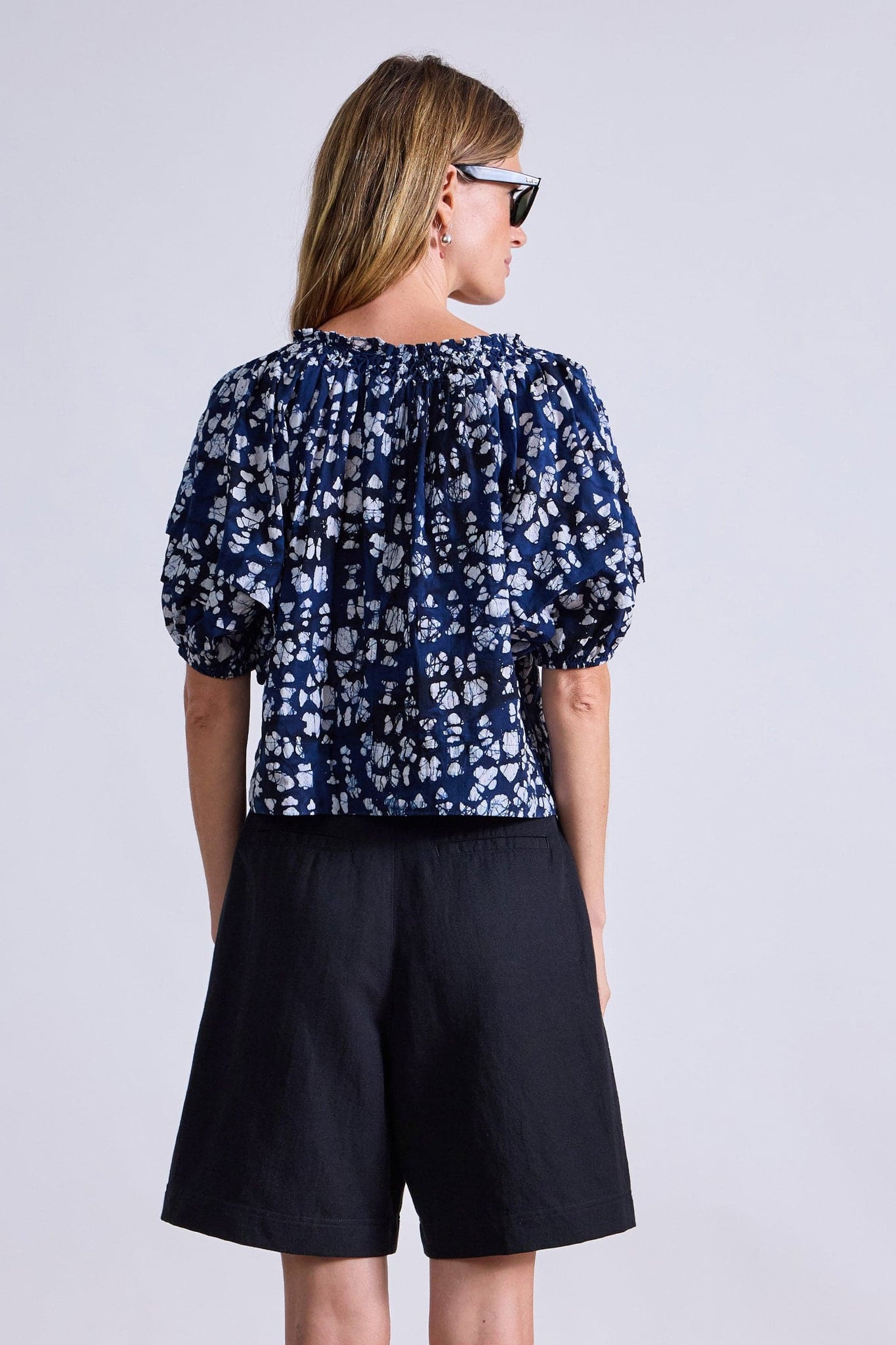 Caminitas Puff Sleeve Top in Batik Geo Indigo