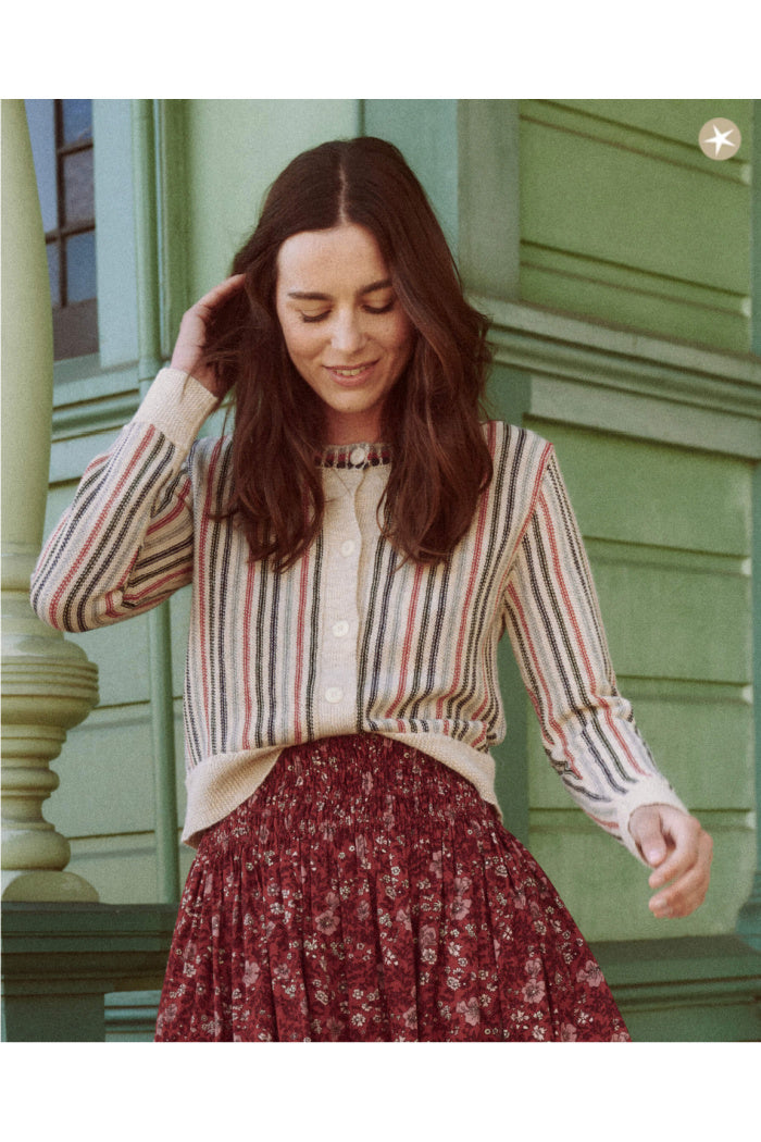 The Tiny Cardigan. Cream Ticking Stripe