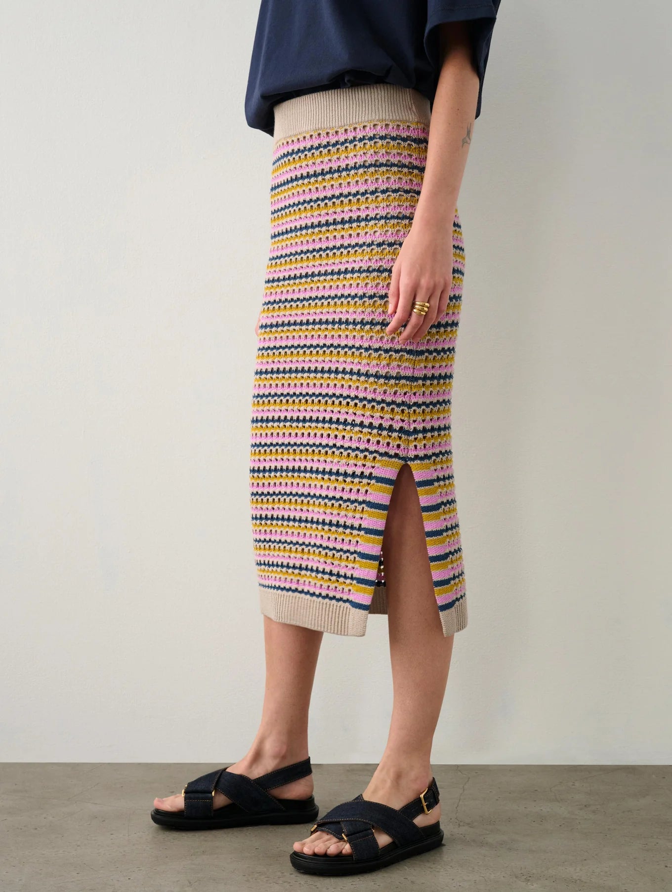 Cotton Blend Striped Mesh Skirt in Multi