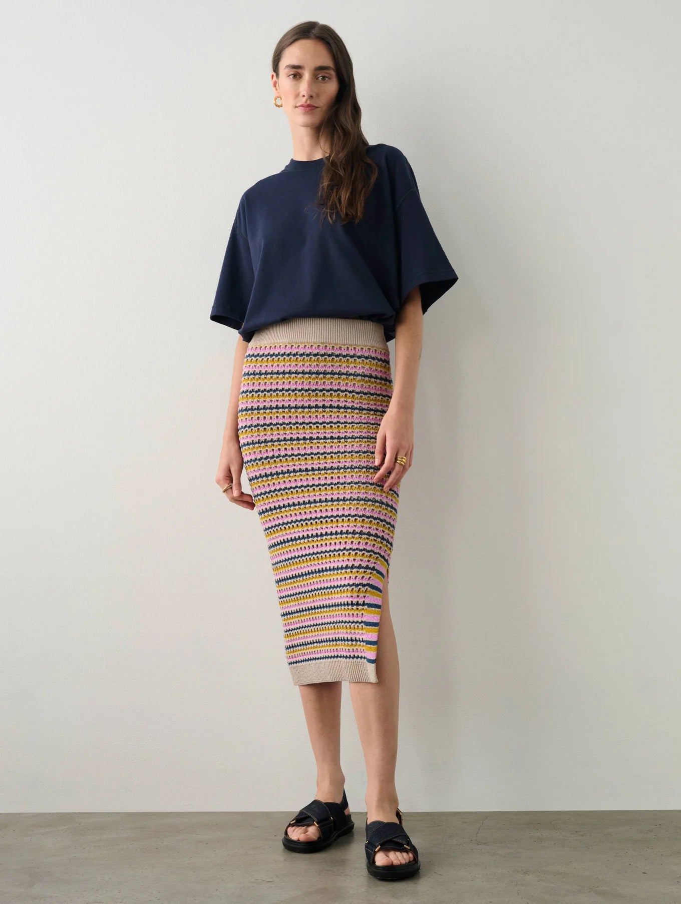 Cotton Blend Striped Mesh Skirt in Multi
