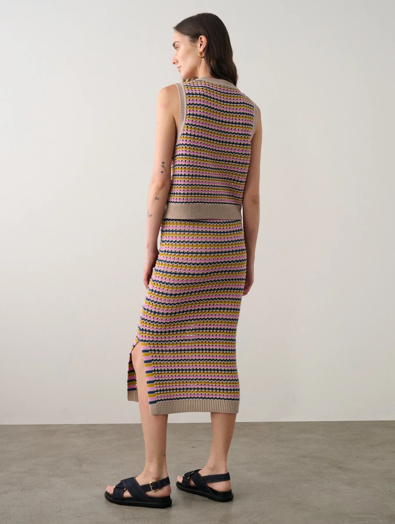 Cotton Blend Striped Mesh Skirt in Multi