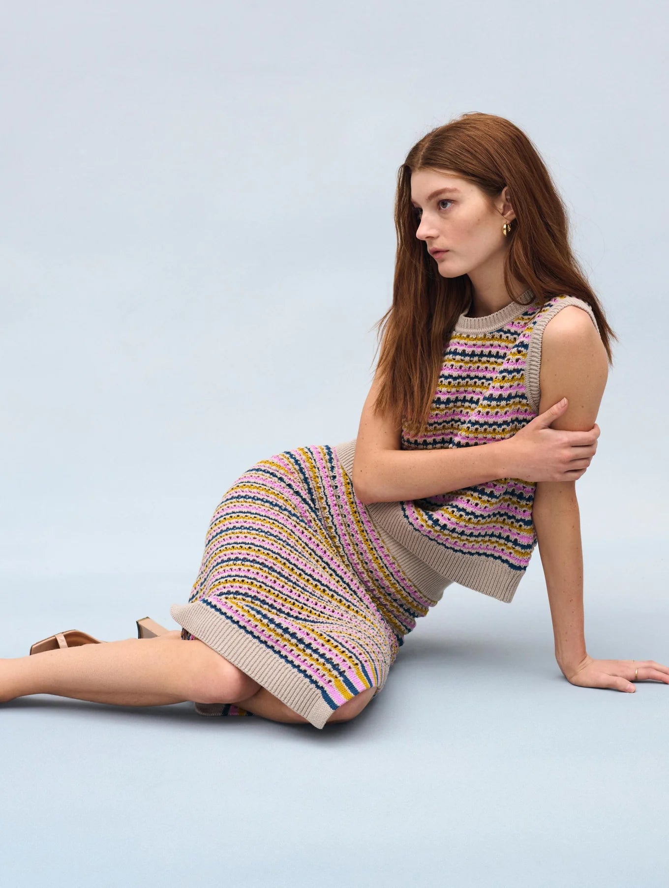 Cotton Blend Striped Mesh Skirt in Multi