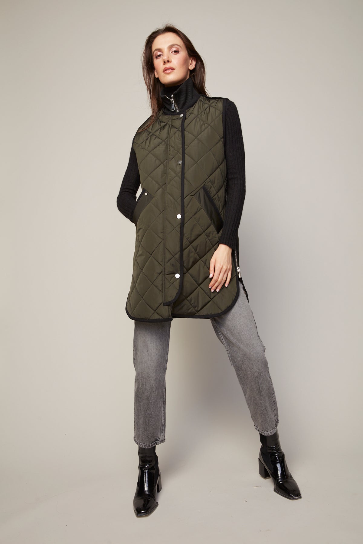 Destiny Quilted Long Vest in Forest Green