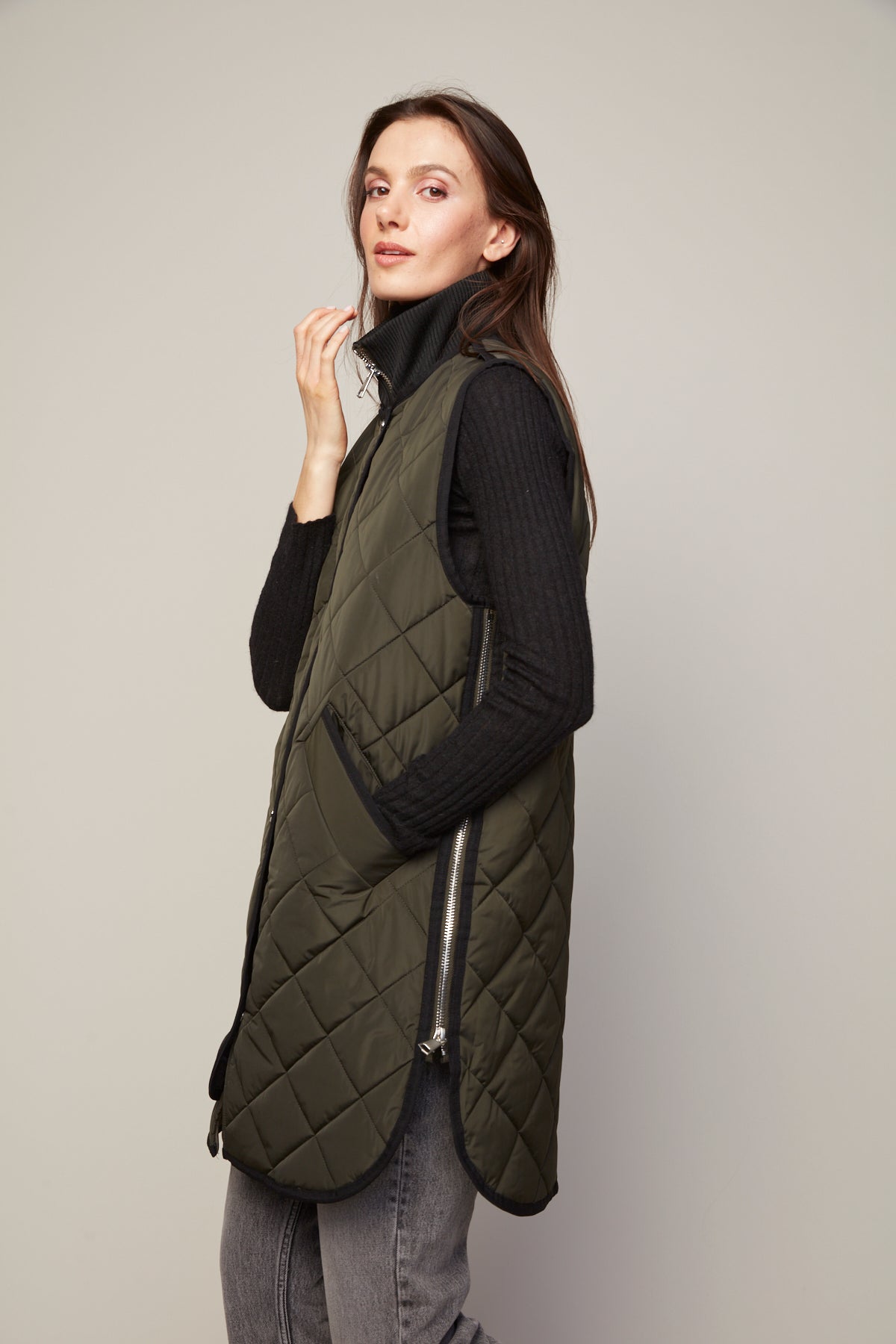 Destiny Quilted Long Vest in Forest Green
