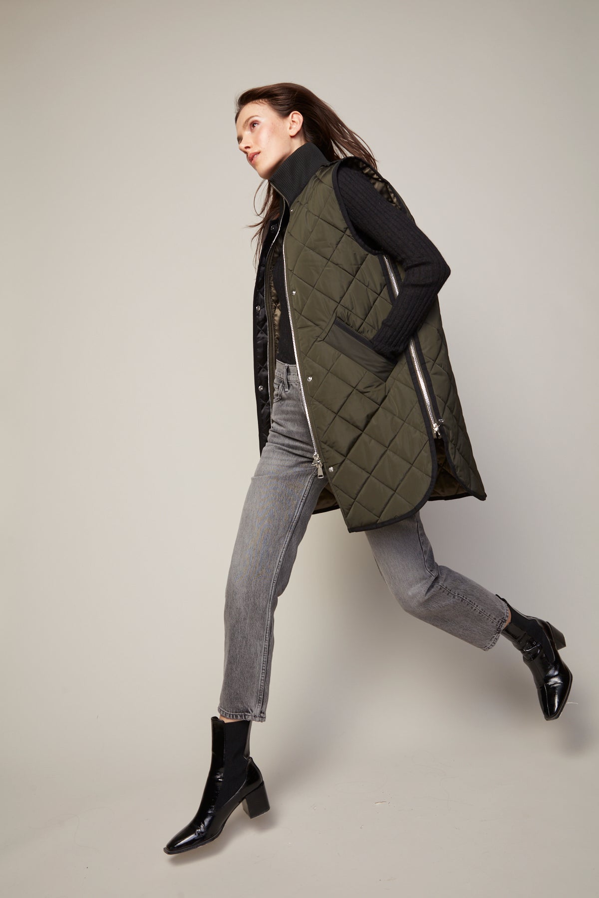 Destiny Quilted Long Vest in Forest Green