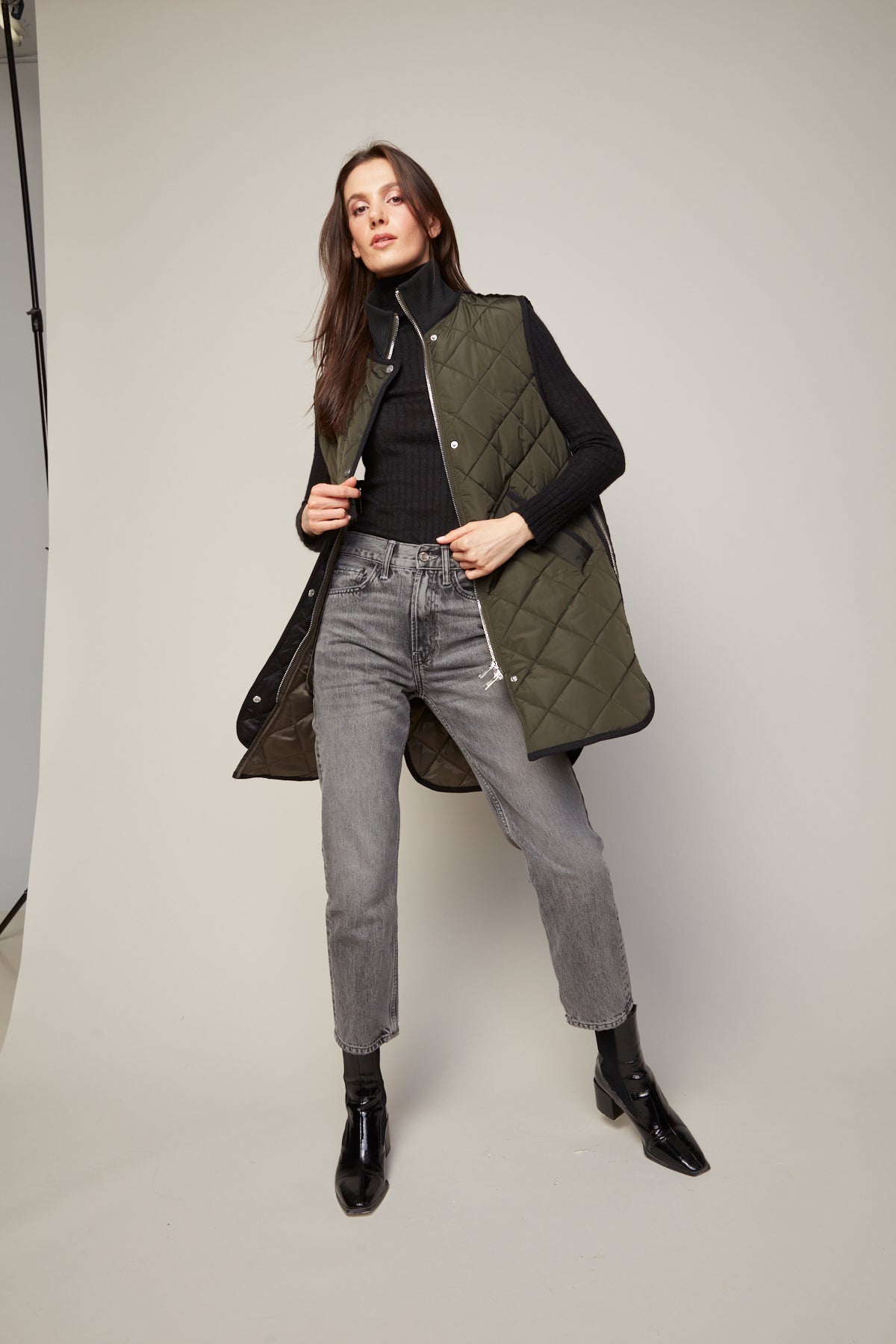 Destiny Quilted Long Vest in Forest Green