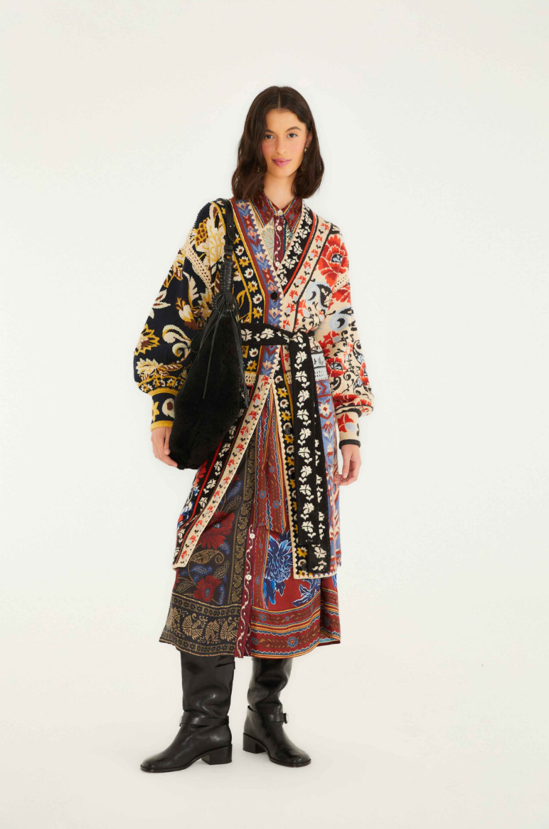 Flower Print Patchwork Knit Midi Cardigan