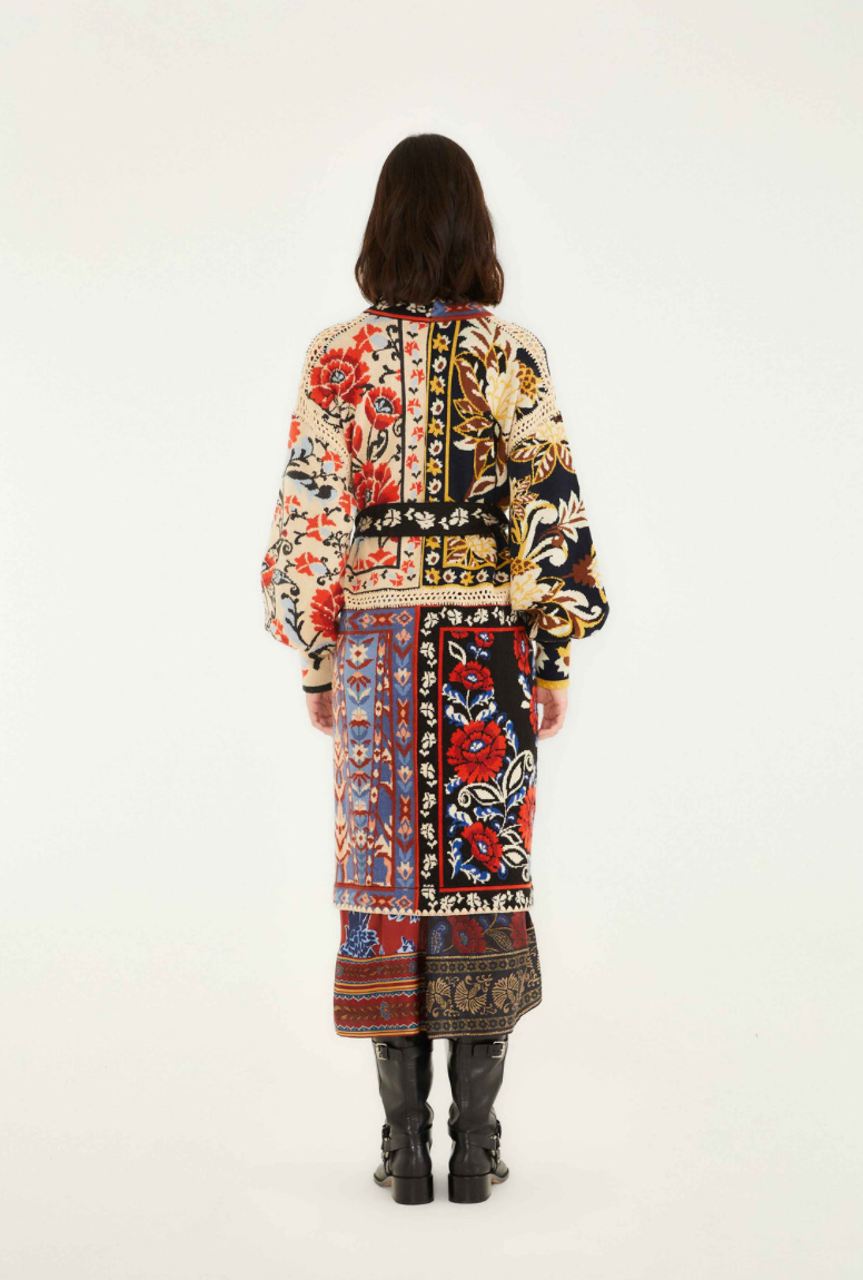 Flower Print Patchwork Knit Midi Cardigan