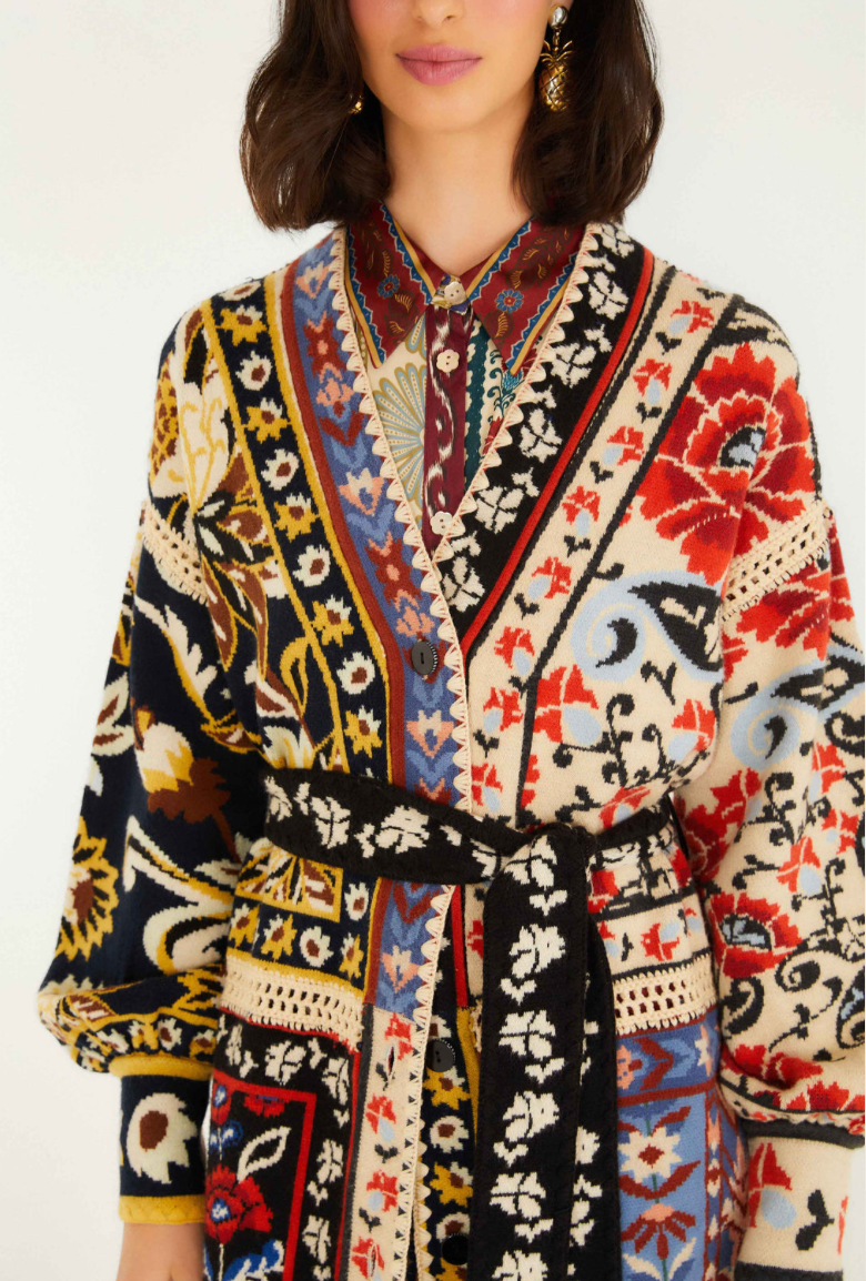 Flower Print Patchwork Knit Midi Cardigan