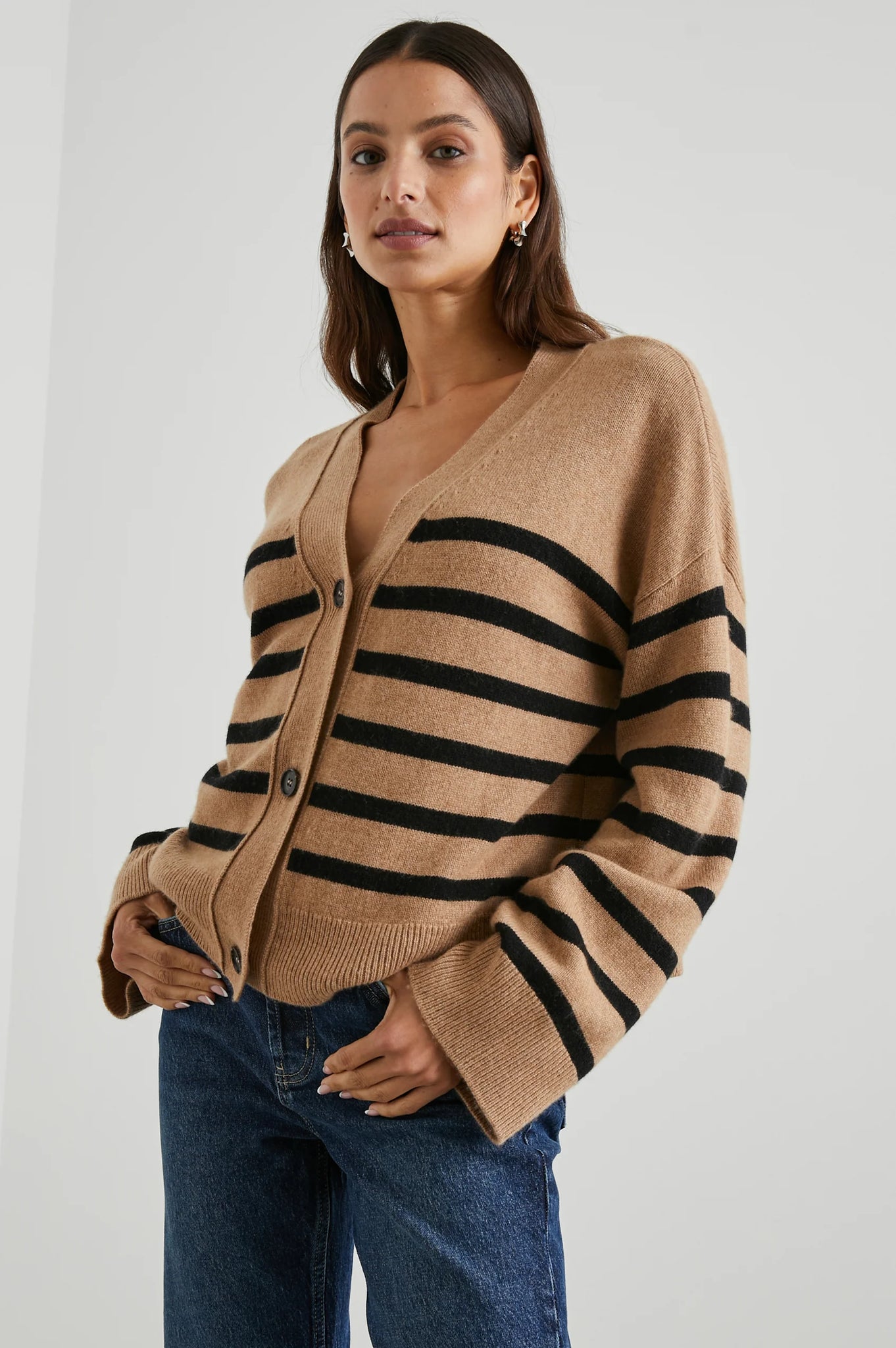 Geneva Cardigan in Camel Black Stripe