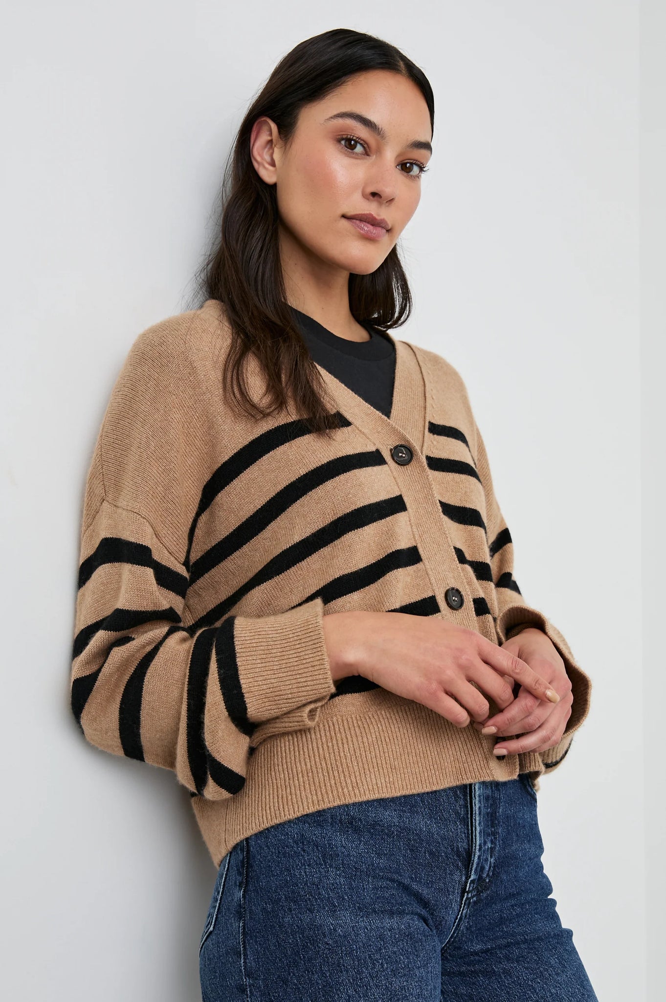 Geneva Cardigan in Camel Black Stripe