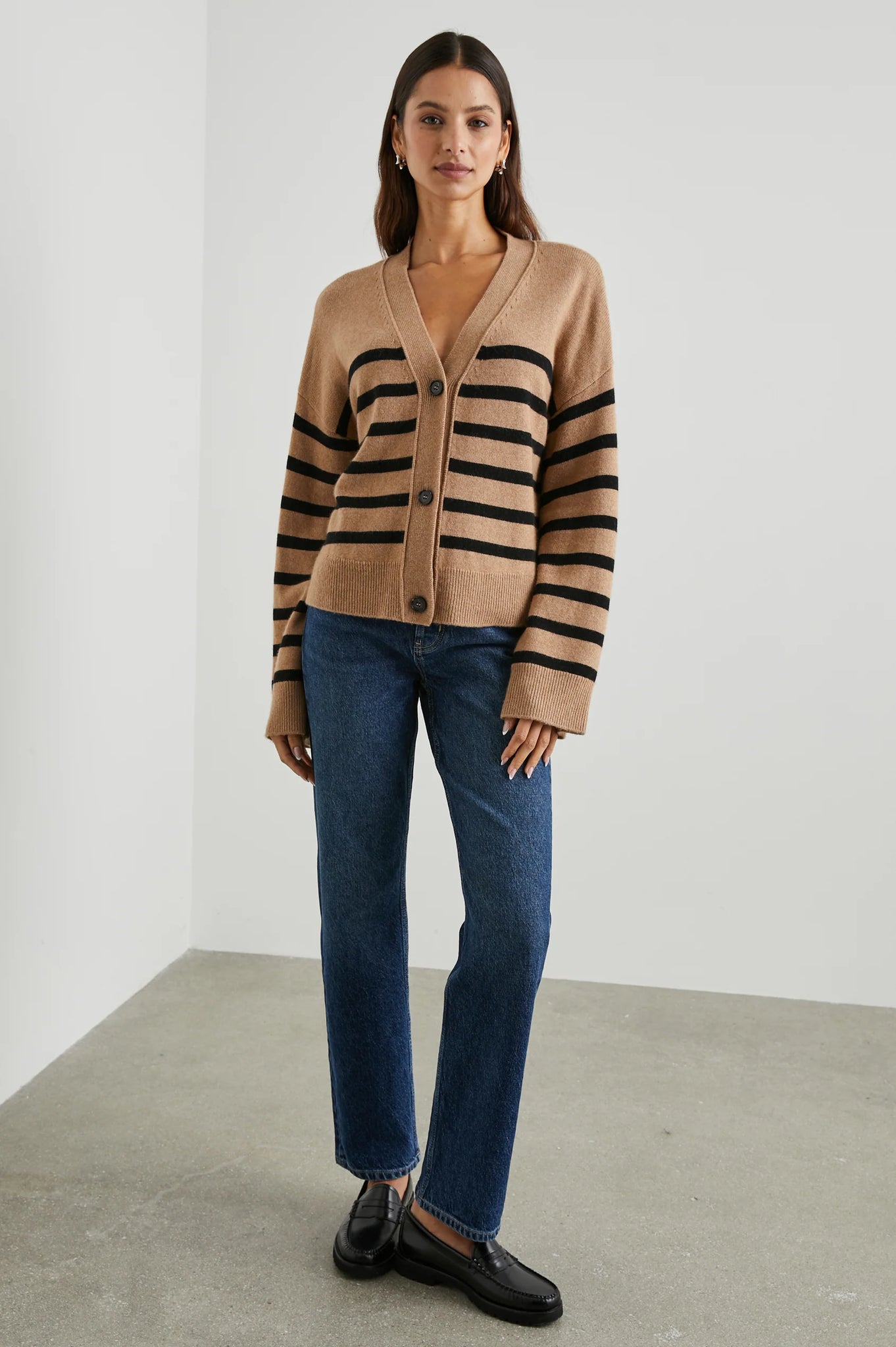 Geneva Cardigan in Camel Black Stripe