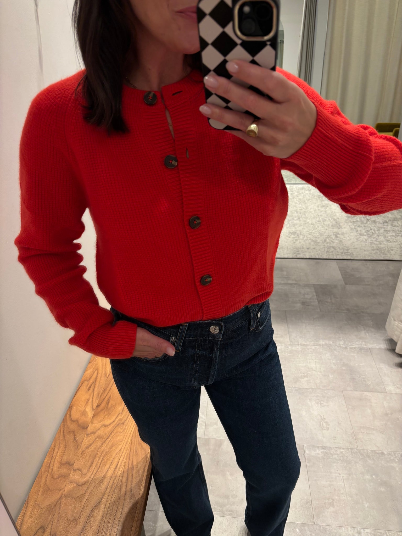 Cashmere Waffle Cardigan in French Red