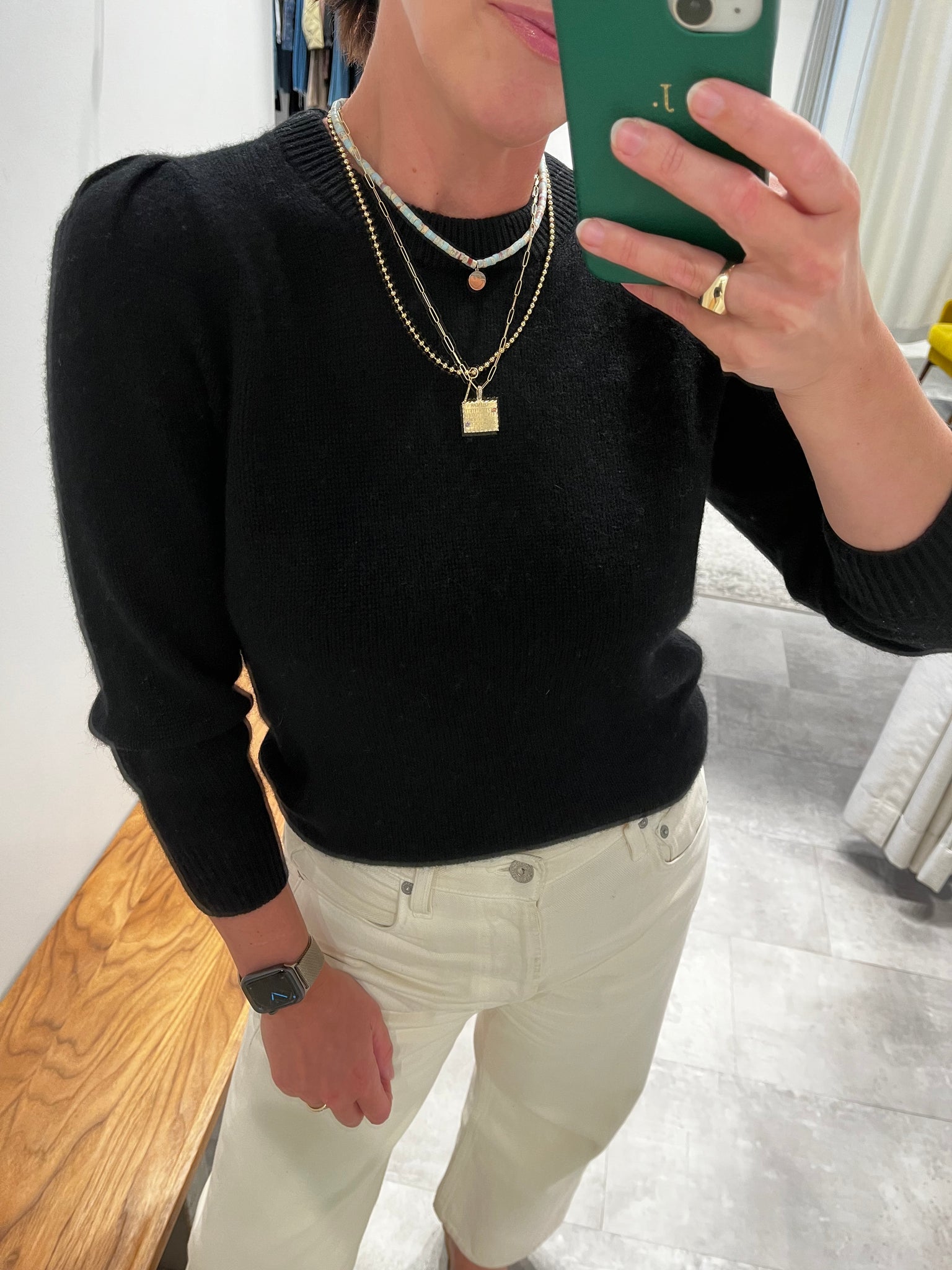 Cashmere Featherweight Puff Sleeve Crewneck in Black