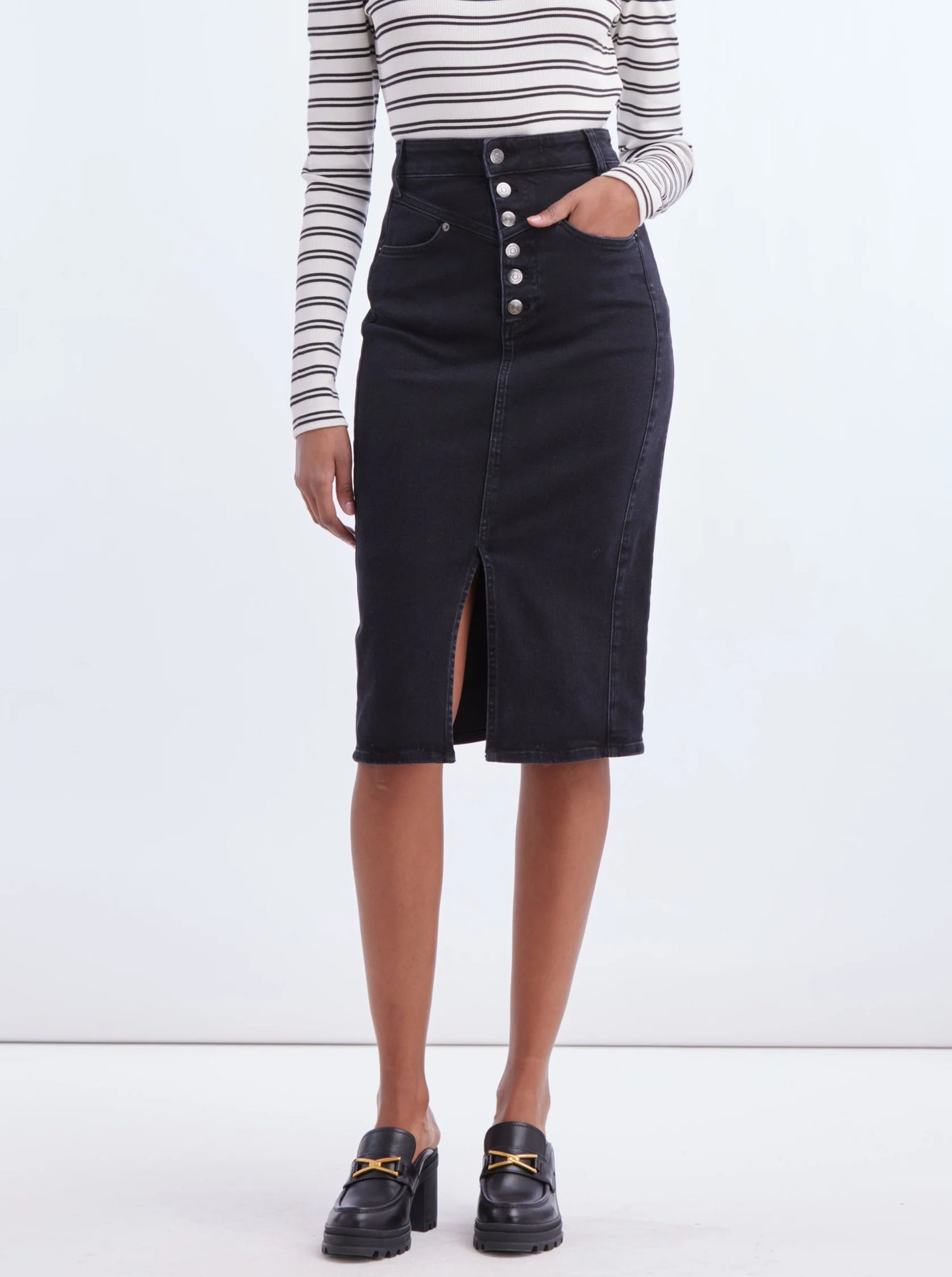Herron Denim Midi Skirt in Washed Onyx