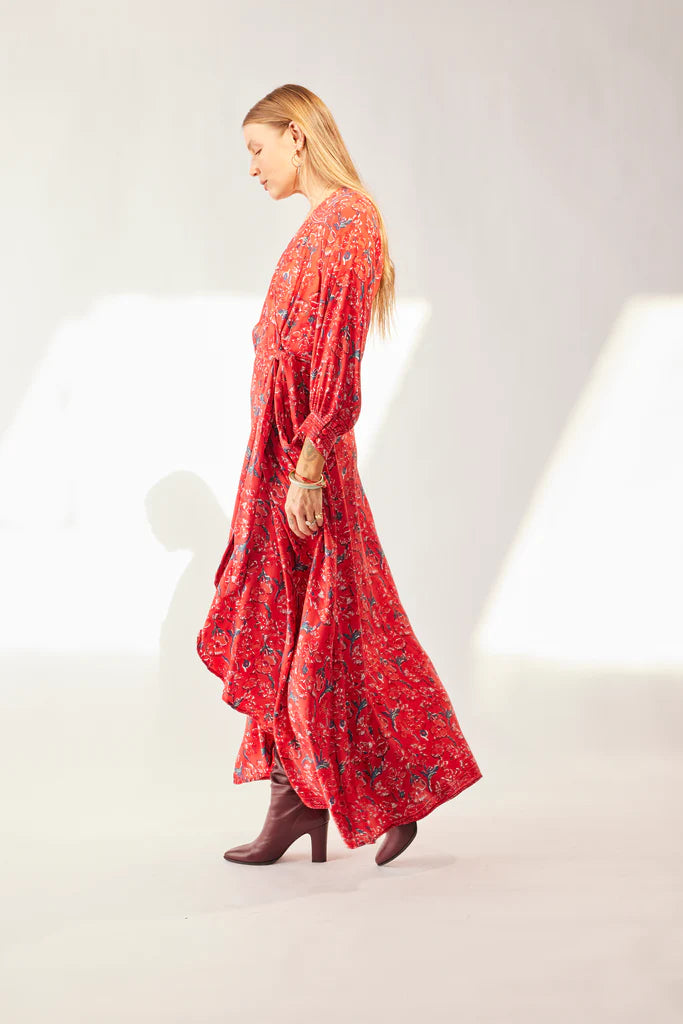 Kate Long Sleeve Dress in Silk Watercolor Print Vermillion