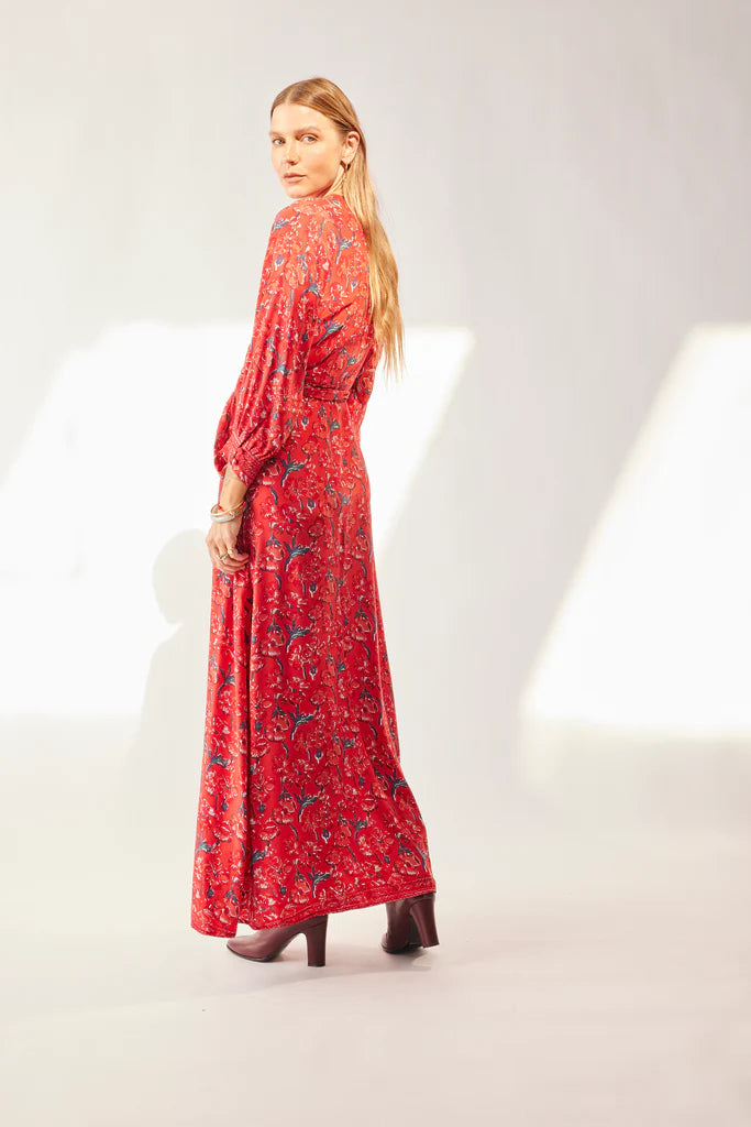 Kate Long Sleeve Dress in Silk Watercolor Print Vermillion