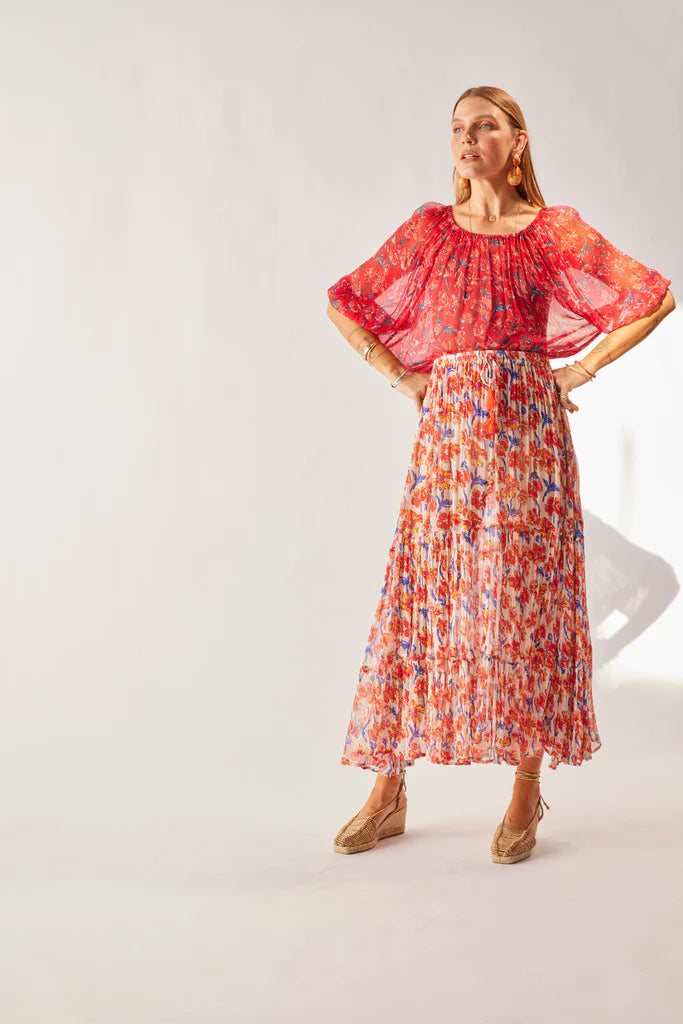 Ella Top in Chiffon Watercollor Print Vermillion