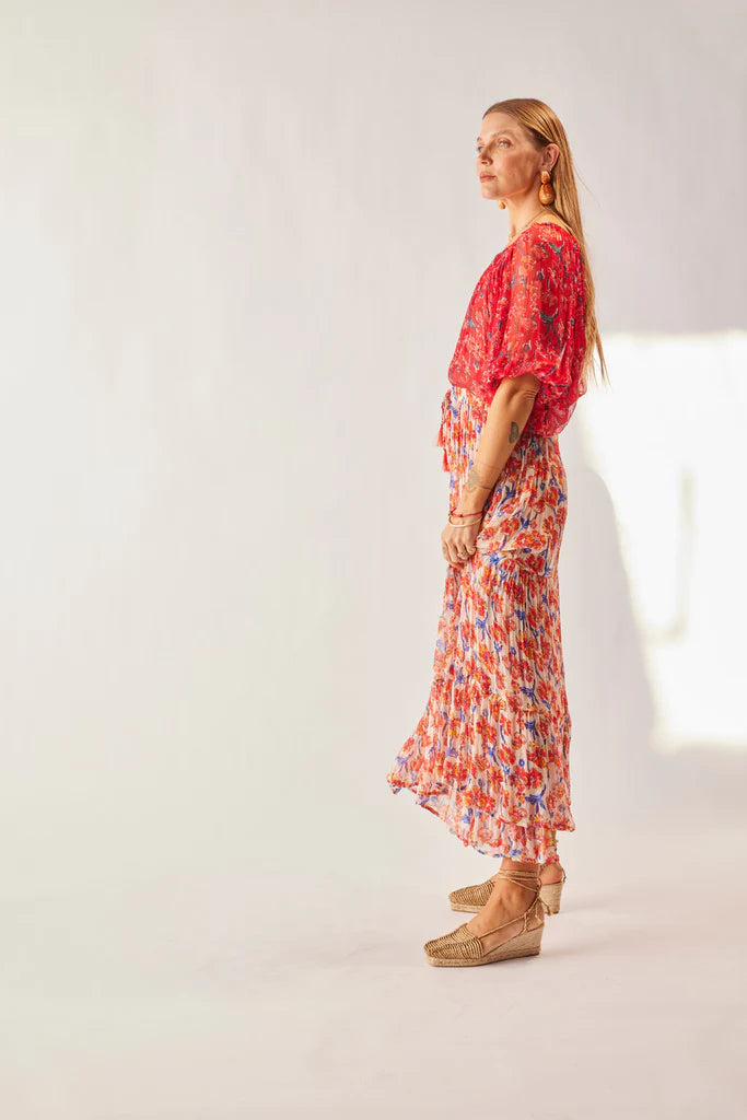 Ella Top in Chiffon Watercollor Print Vermillion