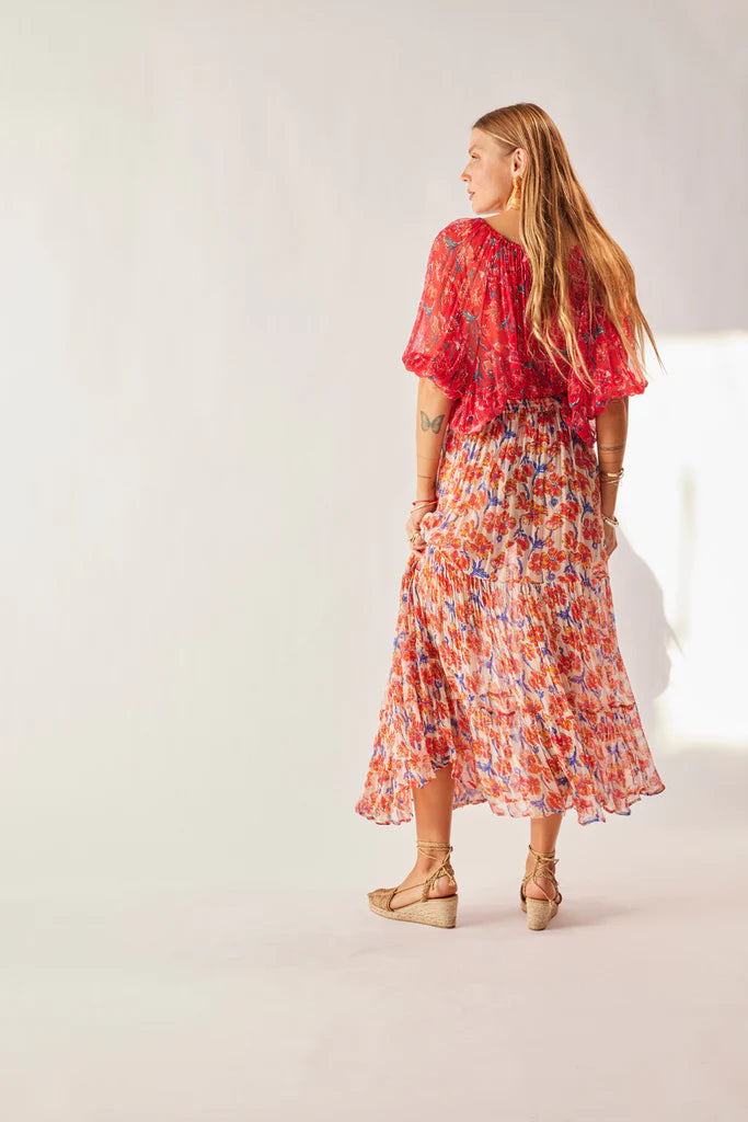 Ella Top in Chiffon Watercollor Print Vermillion