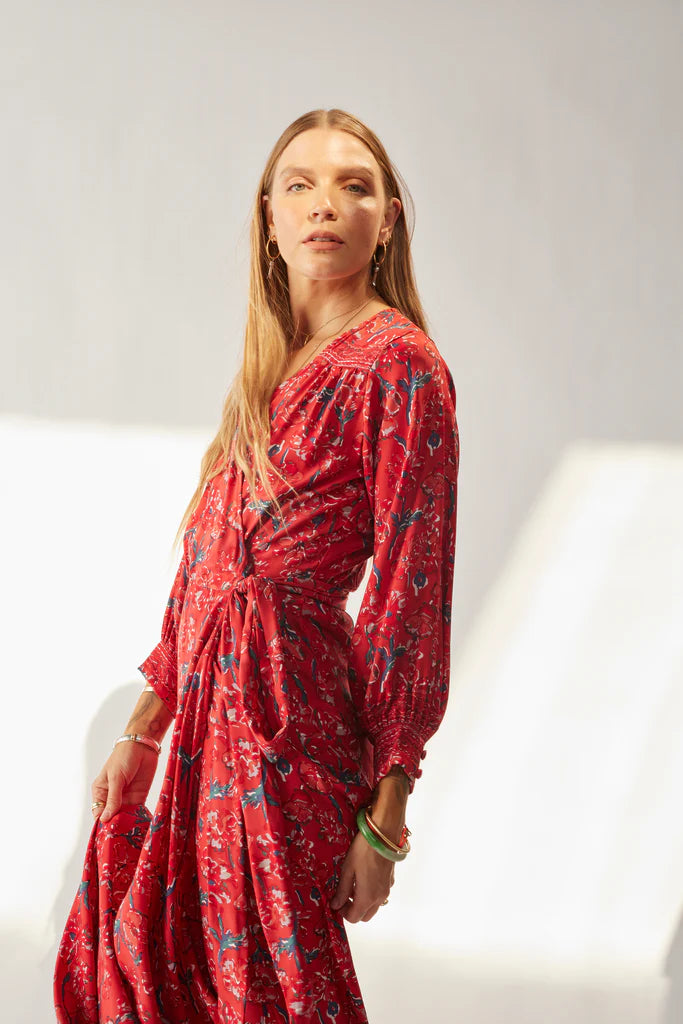 Kate Long Sleeve Dress in Silk Watercolor Print Vermillion