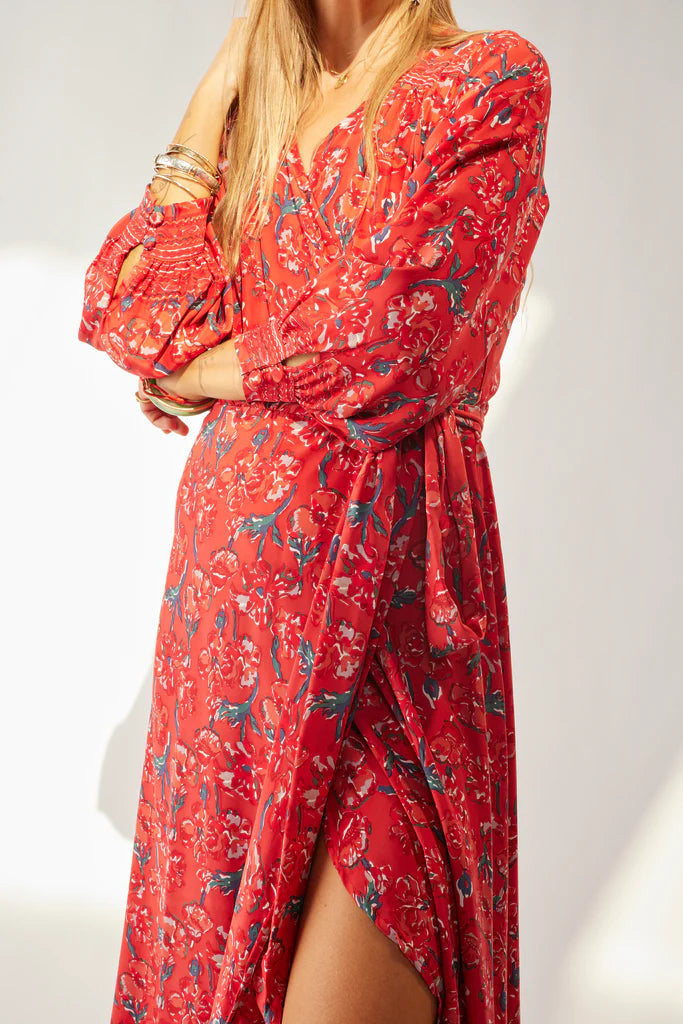Kate Long Sleeve Dress in Silk Watercolor Print Vermillion
