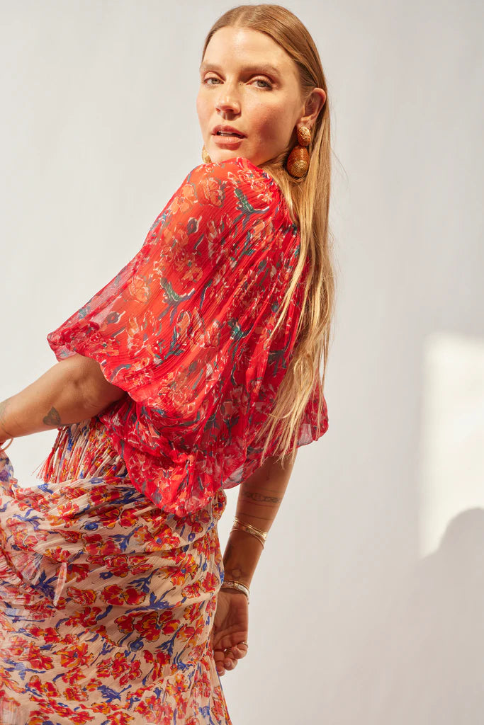 Ella Top in Chiffon Watercollor Print Vermillion