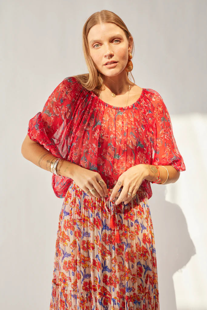 Ella Top in Chiffon Watercollor Print Vermillion