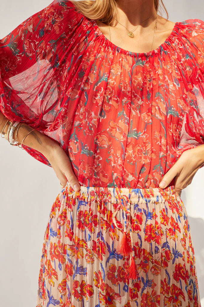 Ella Top in Chiffon Watercollor Print Vermillion