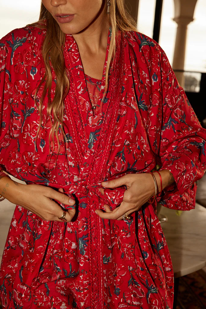 Diane Short Robe in Silk Watercolor Print Vermillion