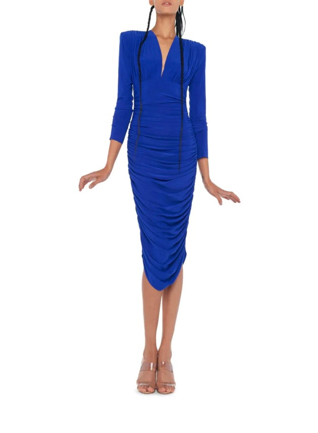 Long Sleeve V-Neck Shirred Dress with Shoulder Pads in Electric Blue