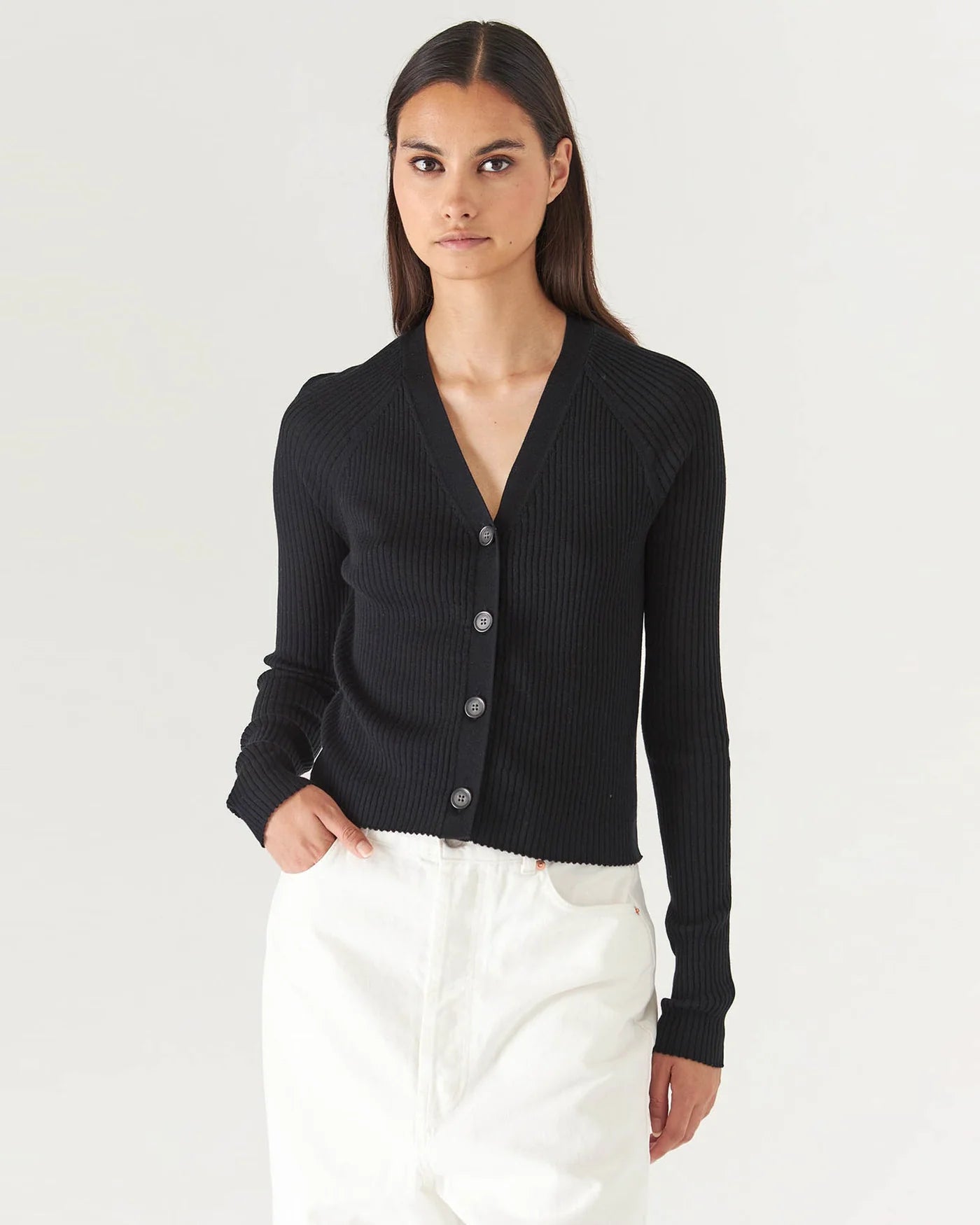 Cotton Cupro Ribbed Cardigan in Black