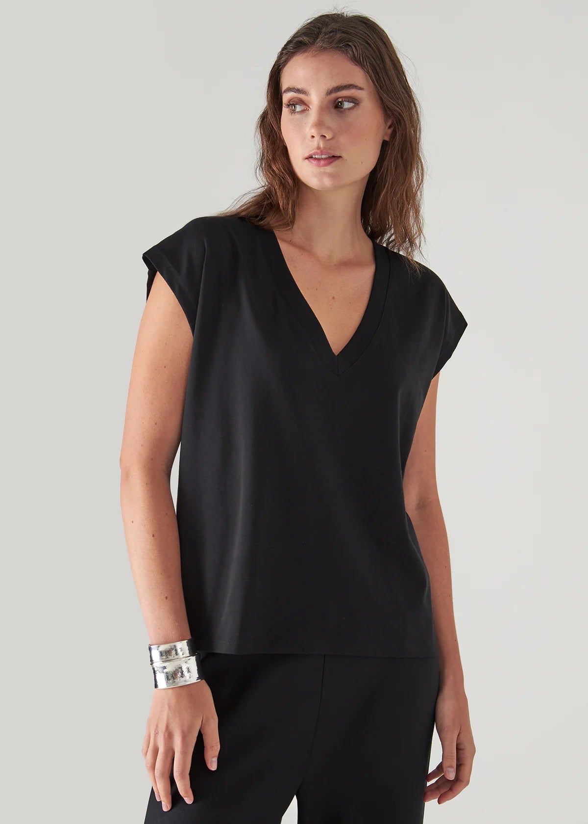 Pima Cotton Stretch Dolman V-Neck T-Shirt in Black