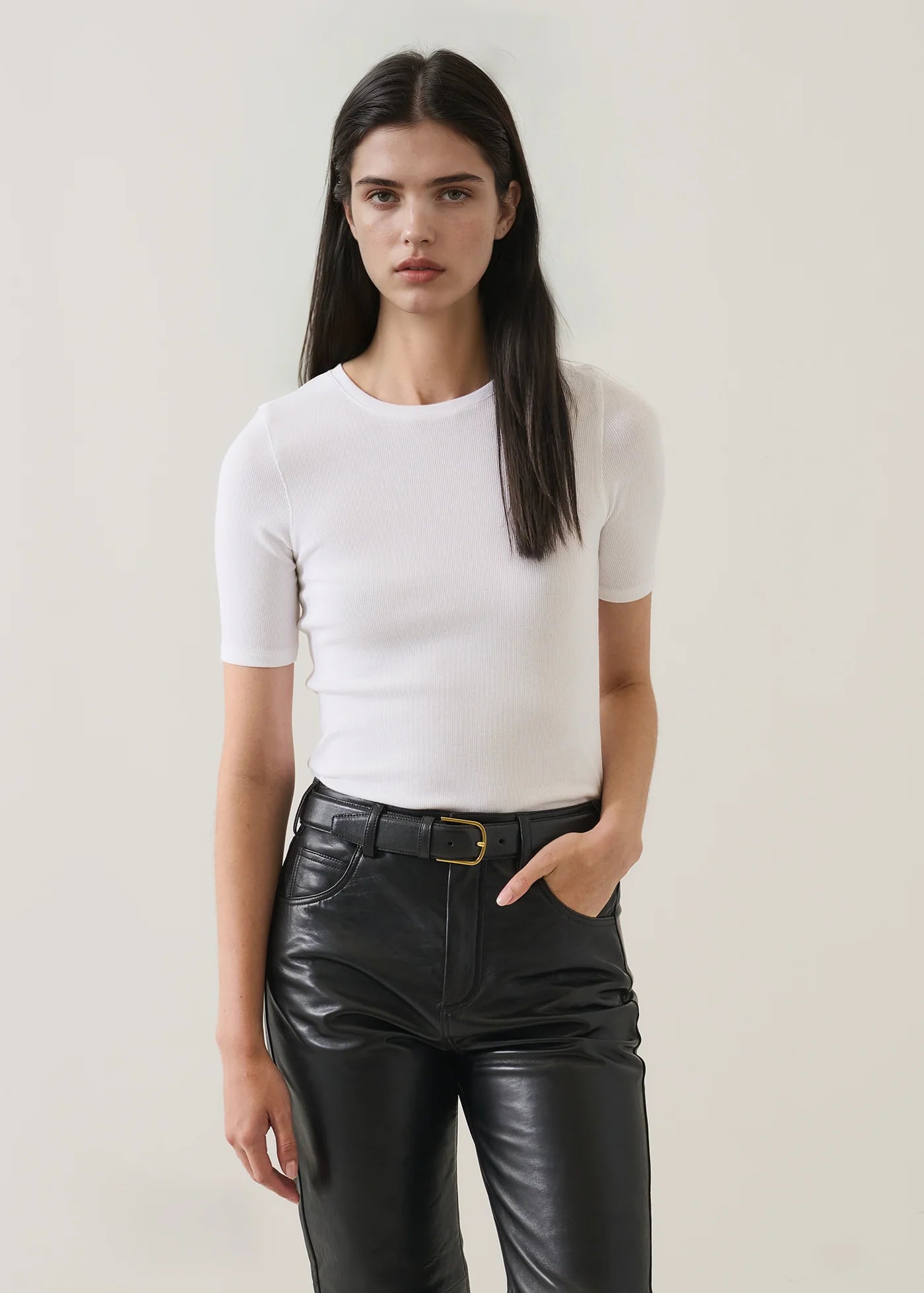 Pima Cotton Stretch Ribbed T-Shirt in White