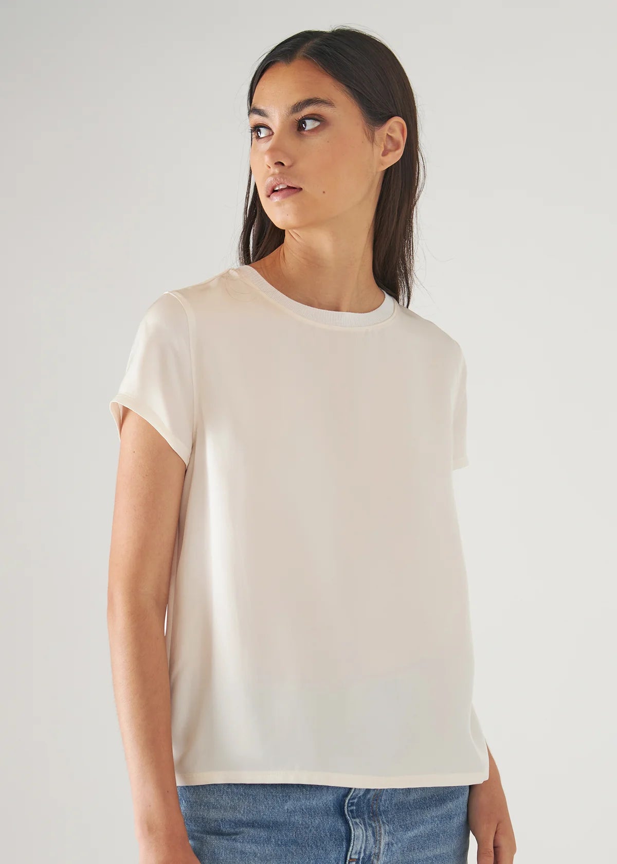Silk Short Sleeve Crewneck in Ecru