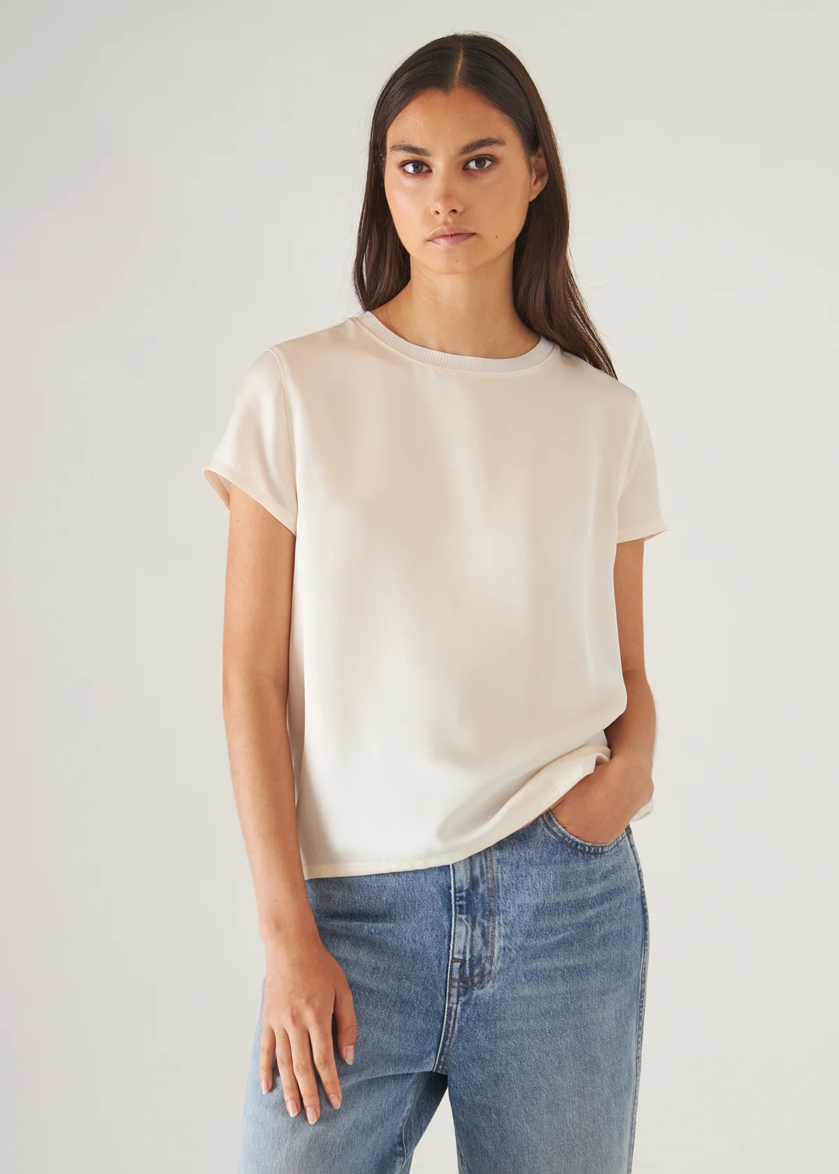 Silk Short Sleeve Crewneck in Ecru
