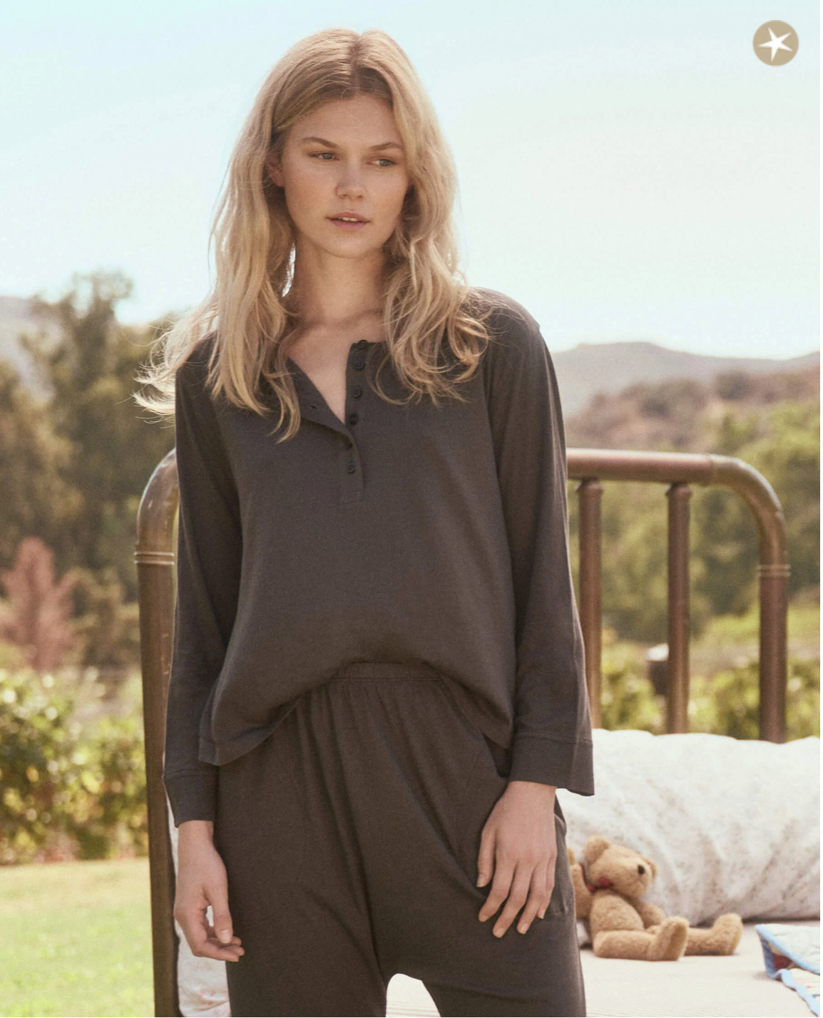 The Crop Sleep Henley. Washed Black