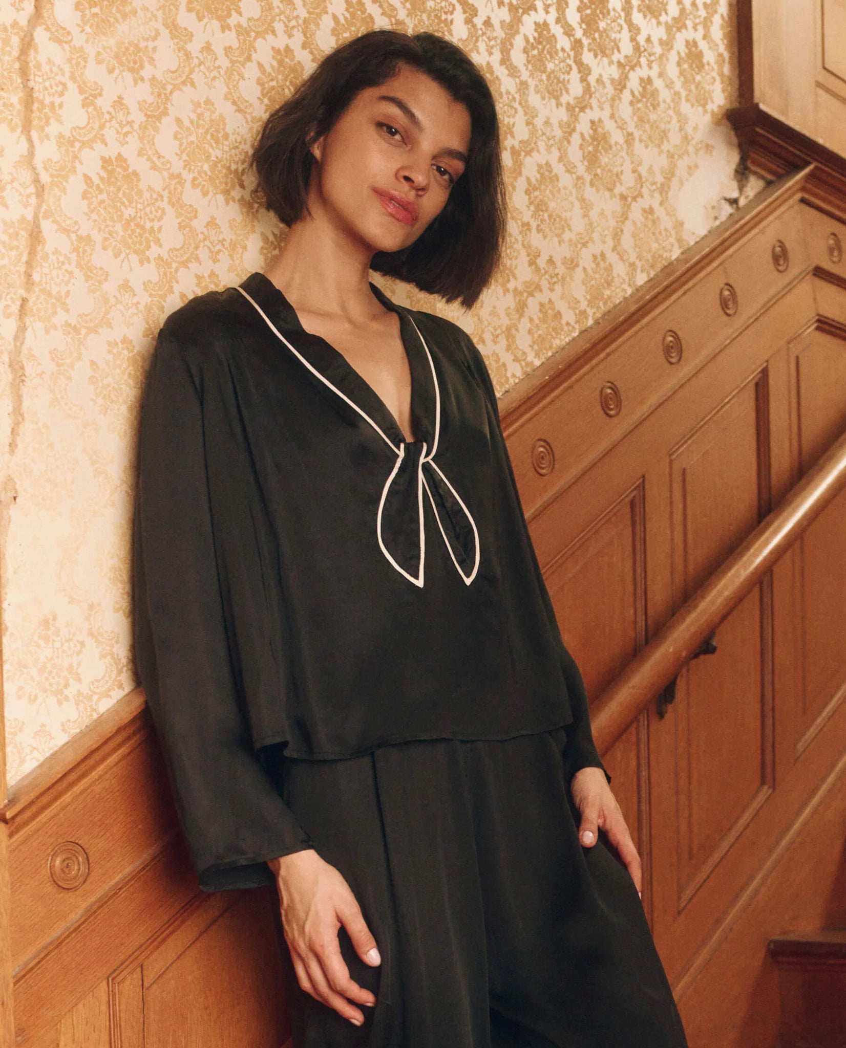 The Bow Tie Top. Black with Cream Piping