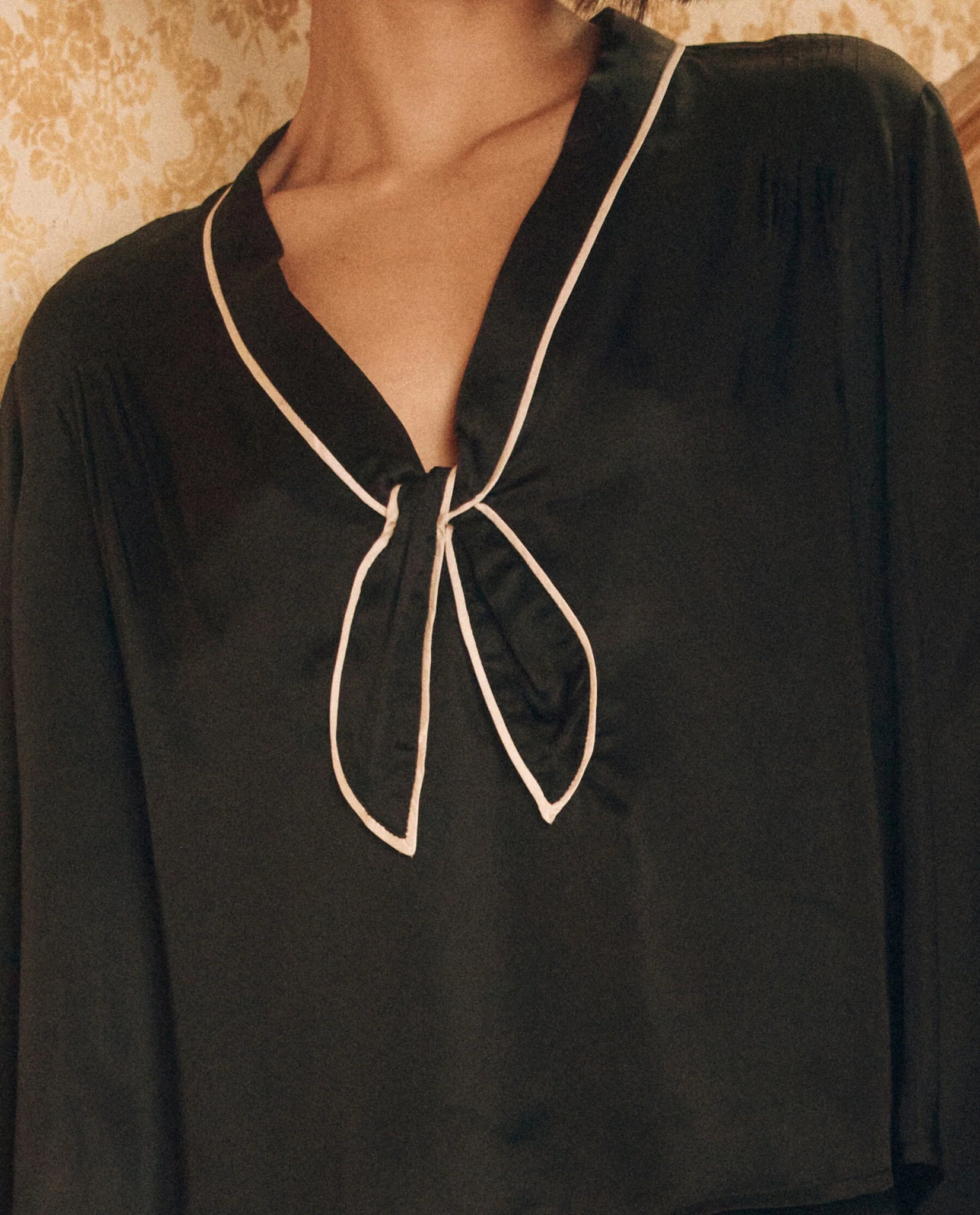 The Bow Tie Top. Black with Cream Piping
