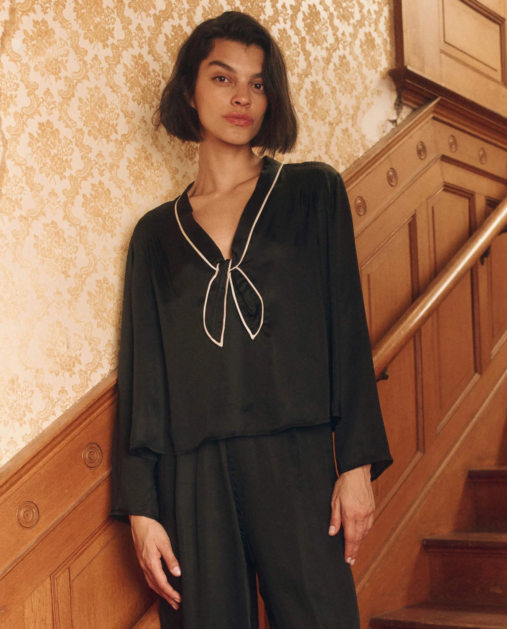 The Bow Tie Top. Black with Cream Piping