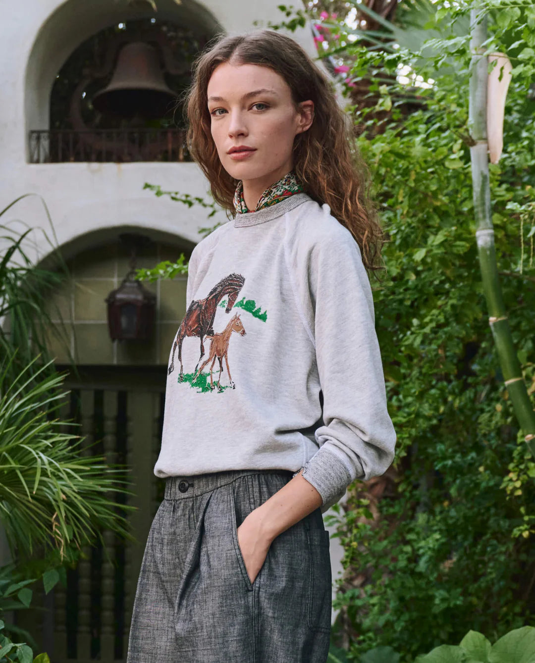 The College Sweatshirt with Running Horses. Soft Heather Grey