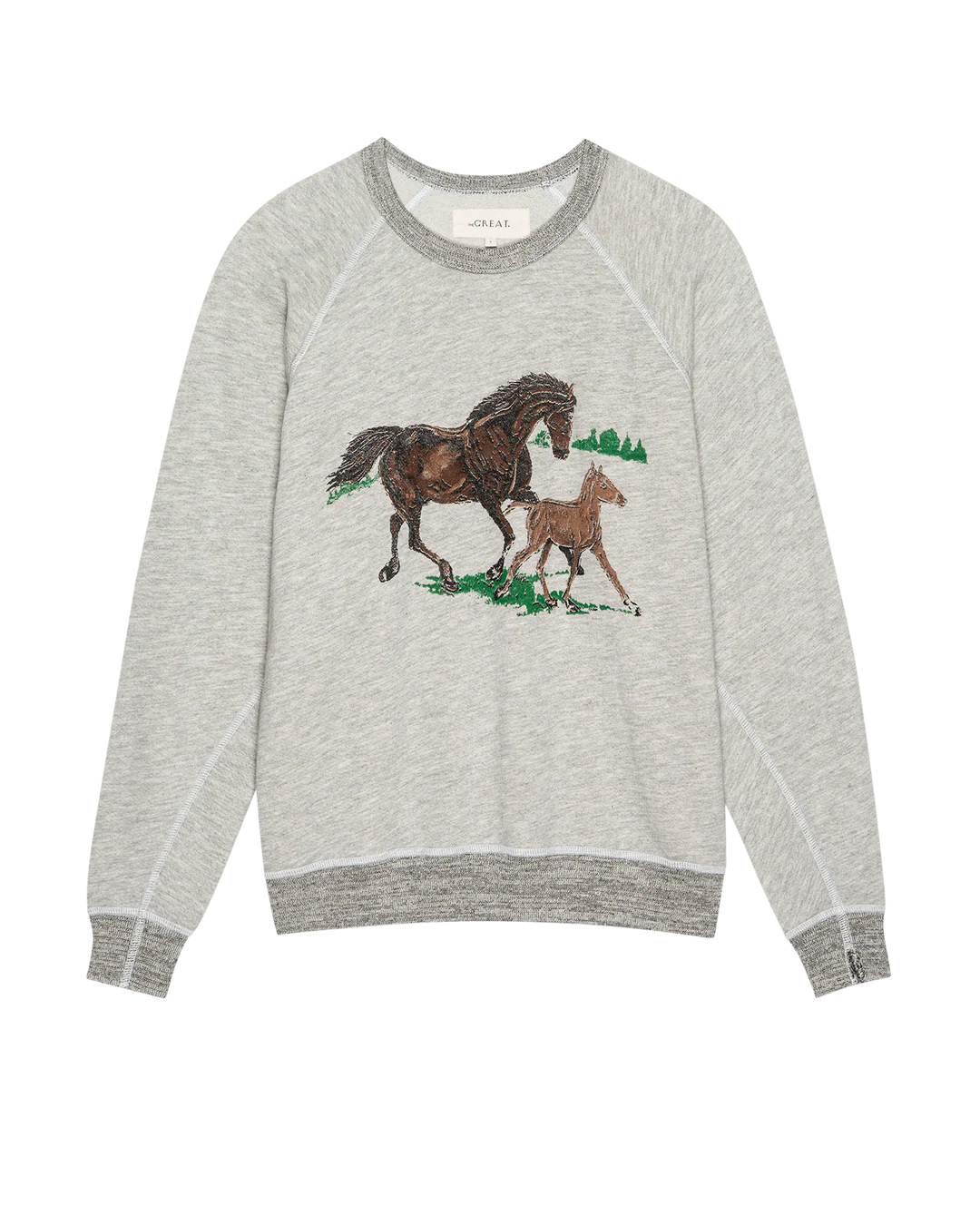 The College Sweatshirt with Running Horses. Soft Heather Grey