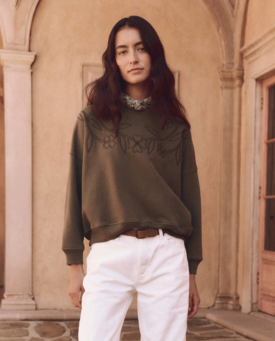 The Floral Applique Teammate Sweatshirt. Army
