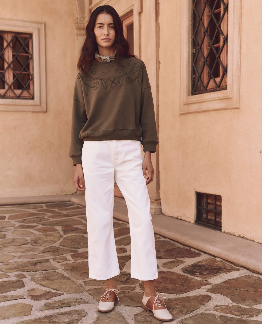 The Floral Applique Teammate Sweatshirt. Army
